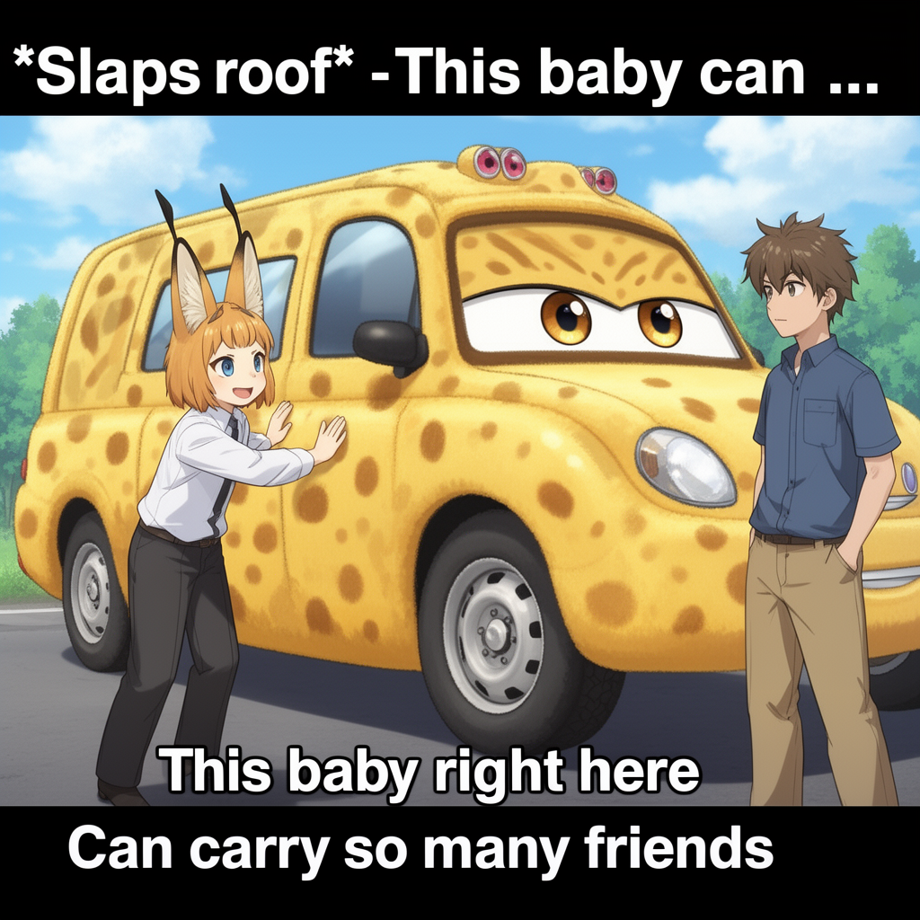 Anime Car Salesman Meme With Serval Car I wanna make a meme, based on first picture template (Car Salesman meme,"Slaps roof" - This baby can ... )
But i want the car to be Serval truck (see picture 2). Serval - character from Kemono Friends, like on picture 3-5, the car on picture 2 is modelled after hur (and iti is fluffy and cute car!).
So, i want a Car salesman slap the sideof yellow spotted funny car. Add lines:
*slaps side*
"This baby right here"
"Can carry so many friends"
Yeah, car salesman is trying to sell a perfect friendship carrier to the guy on the right.
Instead of windowshield there are Serval eyes (like from Cars animated movie)