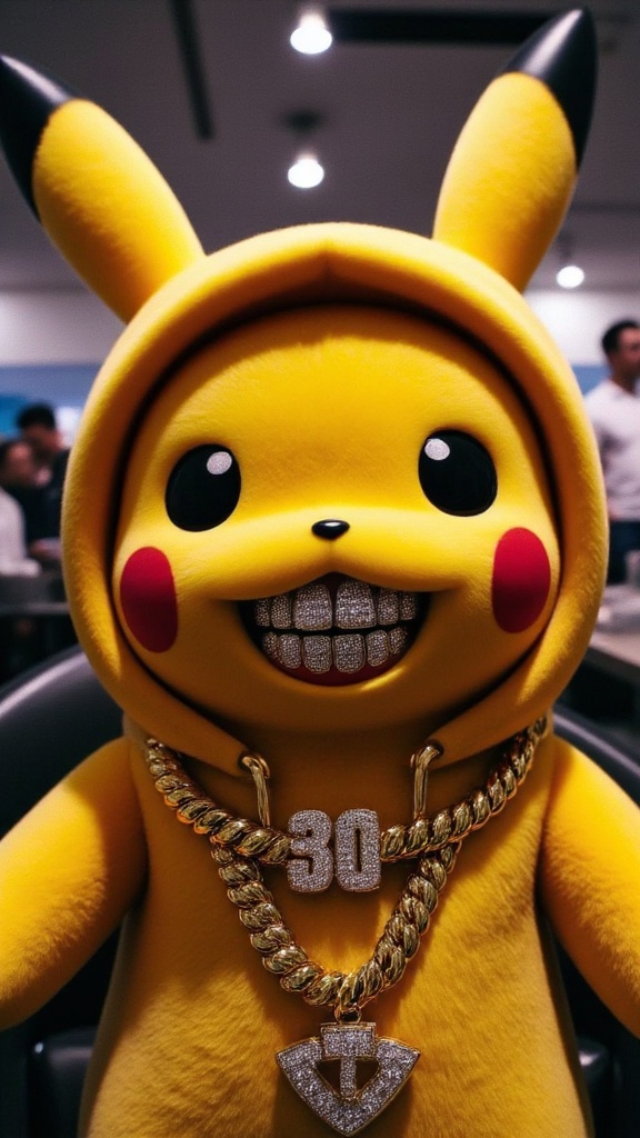 Pikachu showing their grills, Gr!llz, pimp, funny, gold chains, hood
