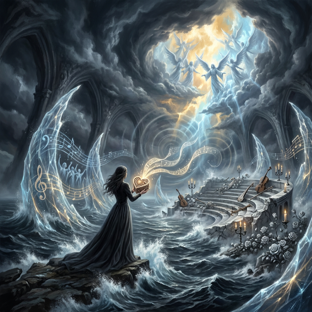 Woman Conjuring Music In Stormy Ocean Cathedral