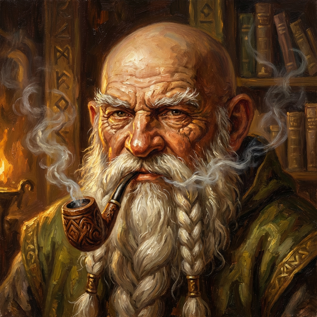 Wise Elderly Dwarf Smoking Pipe Portrait