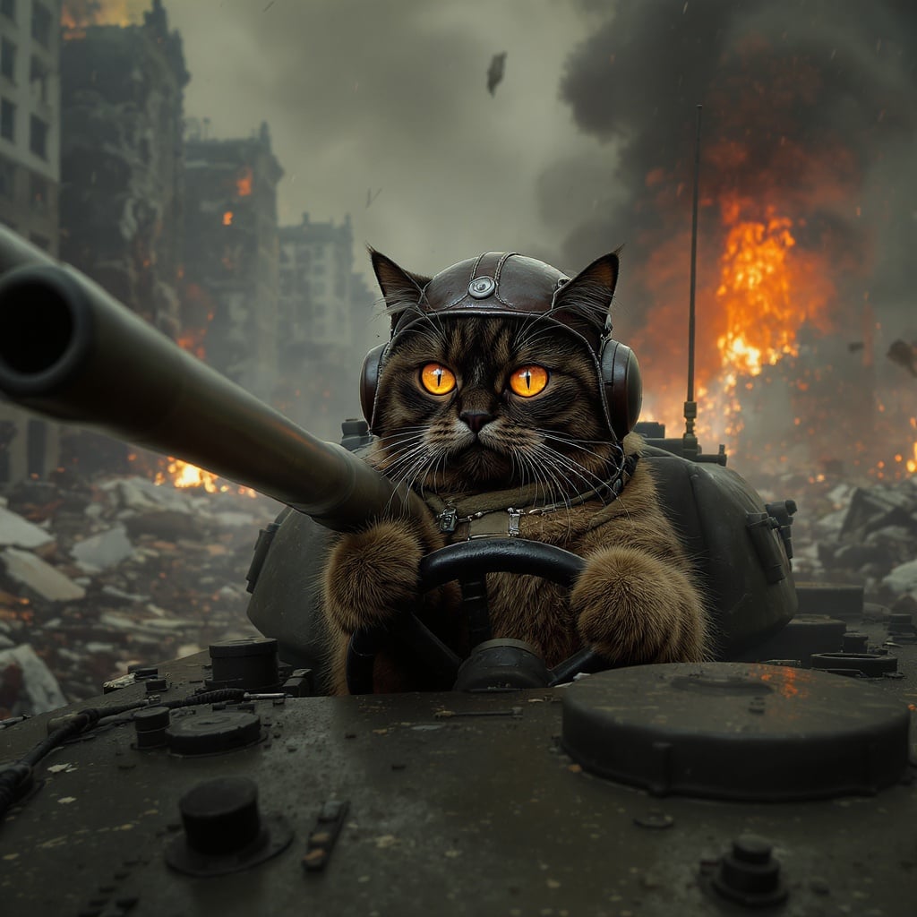 a photorealistic cat with glowing eyes, driving a