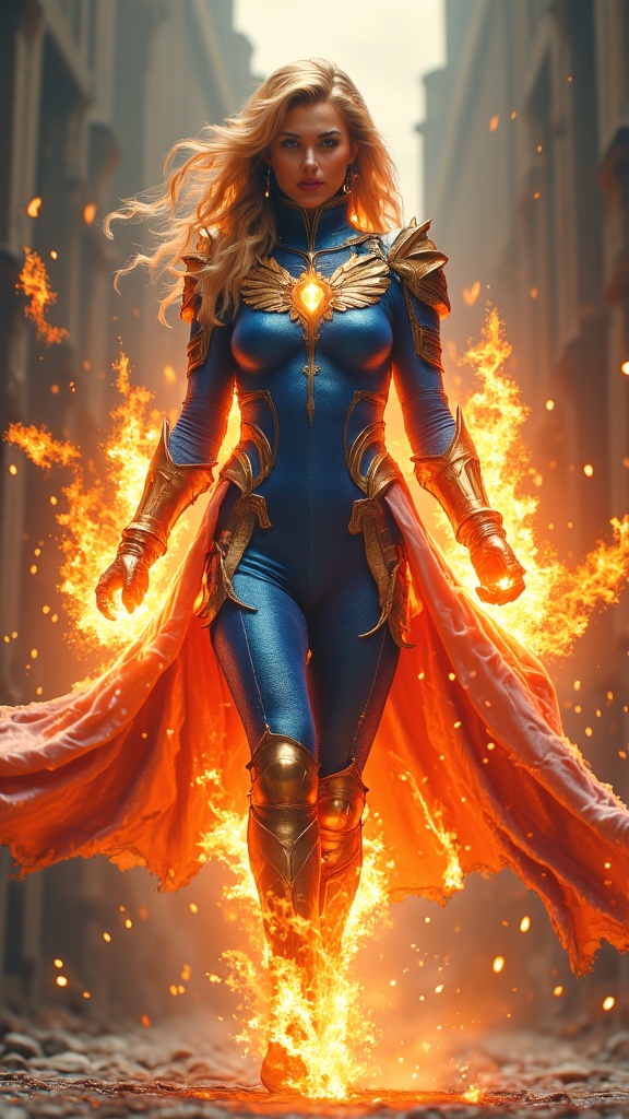 Female superhero, fire based character. Caucasian 