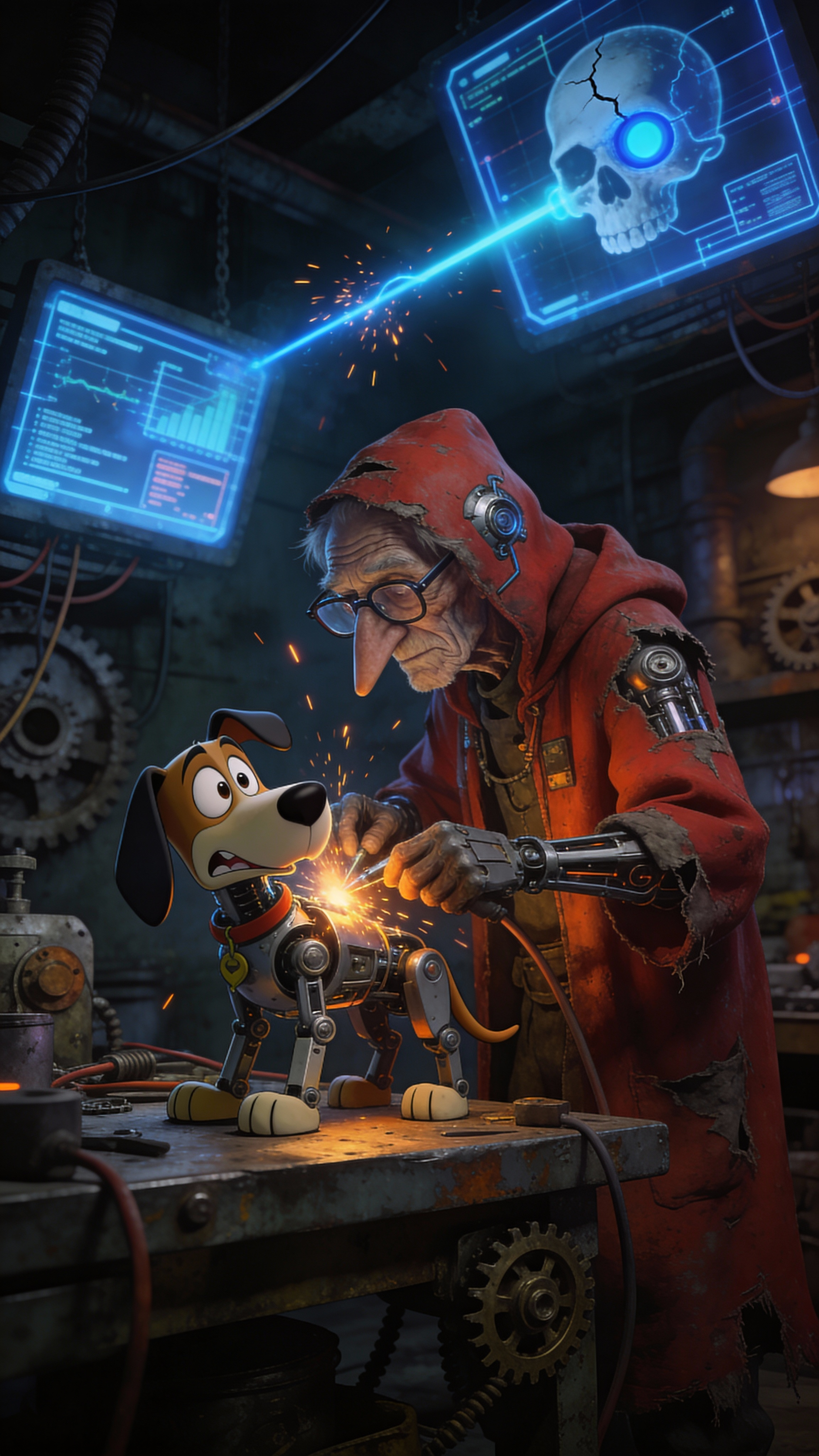 A decrepit old mechanic in a tattered red hooded robe with cybernetic enhancements, glasses, and a long nose, meticulously working on an anxious-looking Courage the Cowardly Dog-style robot dog on a workbench. The setting is a dimly lit, grungy, steampunk-cyberpunk workshop filled with wires, gears, and industrial machinery. Overhead, glowing blue holographic screens display technical data and a cracked skull with a glowing blue eye is connected by a blue energy beam. Sparks fly from the welding, adding to the intense, dramatic mood. The lighting is dark and moody with strong blue and orange accents from the holograms, welding, and ambient workshop lights. The color palette is dominated by dark tones, rusty reds, metallic grays, and electric blues. Highly detailed digital art, cinematic, dramatic lighting, volumetric lighting, industrial atmosphere, intricate details.