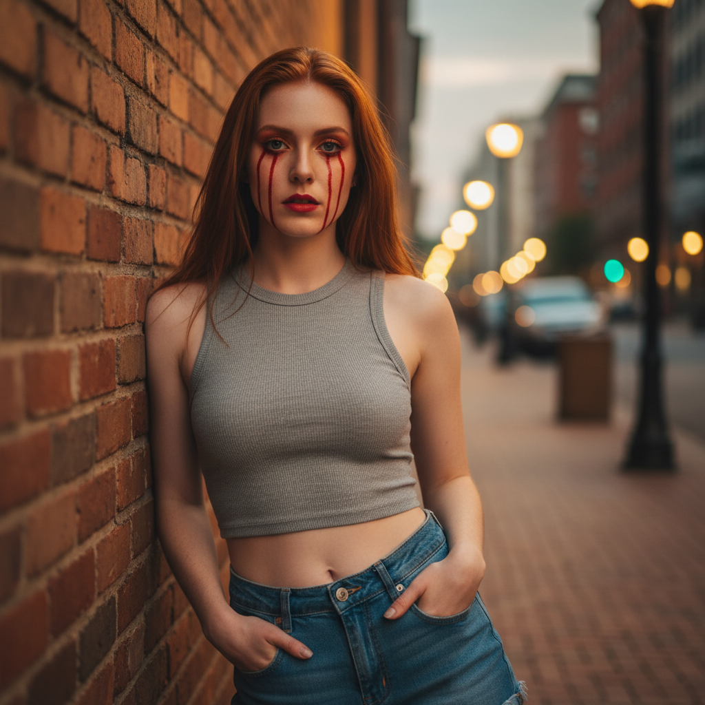 Redhead Woman With Bloody Tear Makeup (Minimax 14 SEEDANCE), cinematic video, 5 seconds, medium shot of a (redhead woman:1.2) with long straight red hair, leaning her left shoulder against a textured (brick wall:1.1). She has distinct (bloody tear makeup:1.3) with red liquid dripping from her eyes down her cheeks, orange eyeshadow, and red lipstick. She is wearing a (grey ribbed sleeveless crop top:1.2) and blue denim shorts, with her hands casually in her pockets. She looks directly at the camera with a serious, moody expression. The scene is set on an urban street at dusk, with a warm glow from (streetlights:1.1) and blurry, colorful (bokeh city lights:1.1) in the background, casting soft light on her face and the brickwork. The pavement is brick. Highly detailed, photorealistic, dramatic lighting, shallow depth of field, 8k resolution.