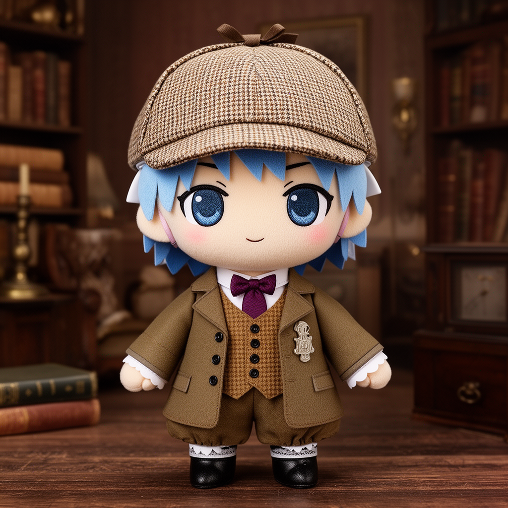 Can you just upscale this image of a fumo plush cirno doll in victorian england wearing sherlock outfit? Don't change text or composition

CUROIS