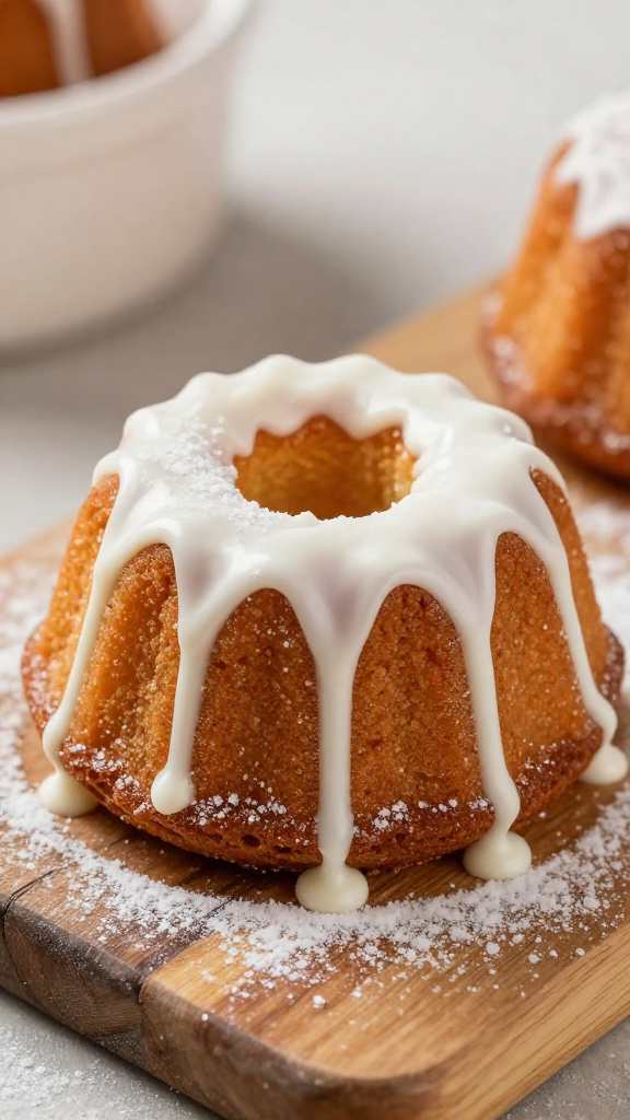 Close-up, photorealistic shot of a mini bundt cake with rich, golden-brown, layered pastry, generously covered in thick, white, dripping glaze. The cake is centered on a rustic wooden cutting board, dusted with powdered sugar. Soft, warm overhead lighting creates a cozy mood. Rich, warm browns, creamy whites, and subtle highlights. Shallow depth of field, with a blurred background showing hints of a white container and another pastry. Intricate details of the glaze texture and powdered sugar crystals.