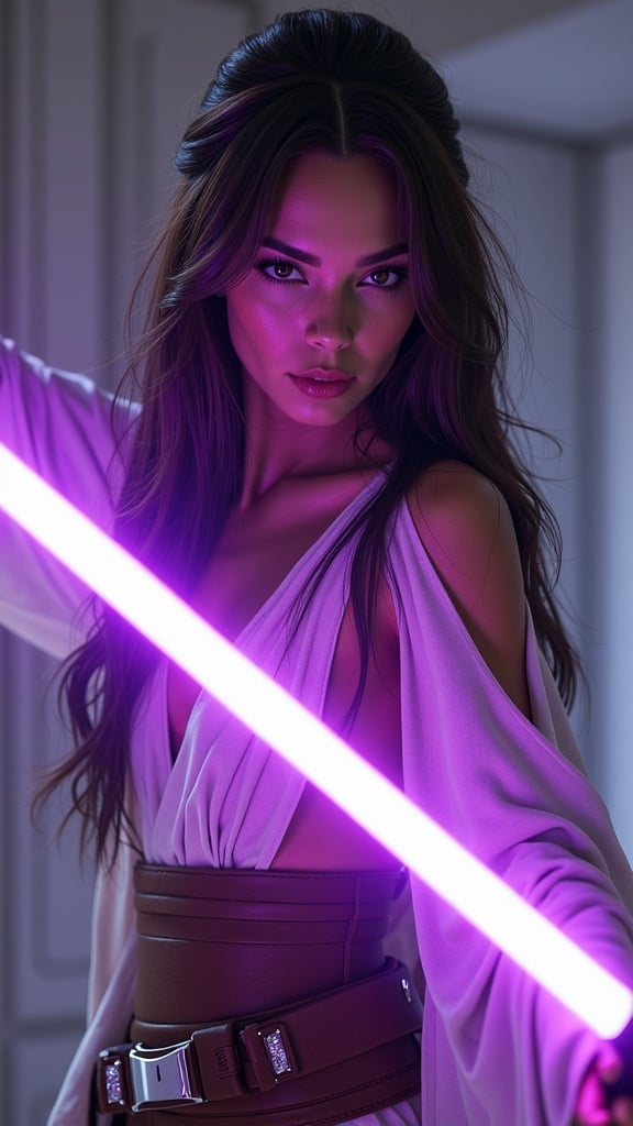 Realistic Photorealistic Perfect Anatomy Futuristic Warrior Wielding Purple Lightsaber 1