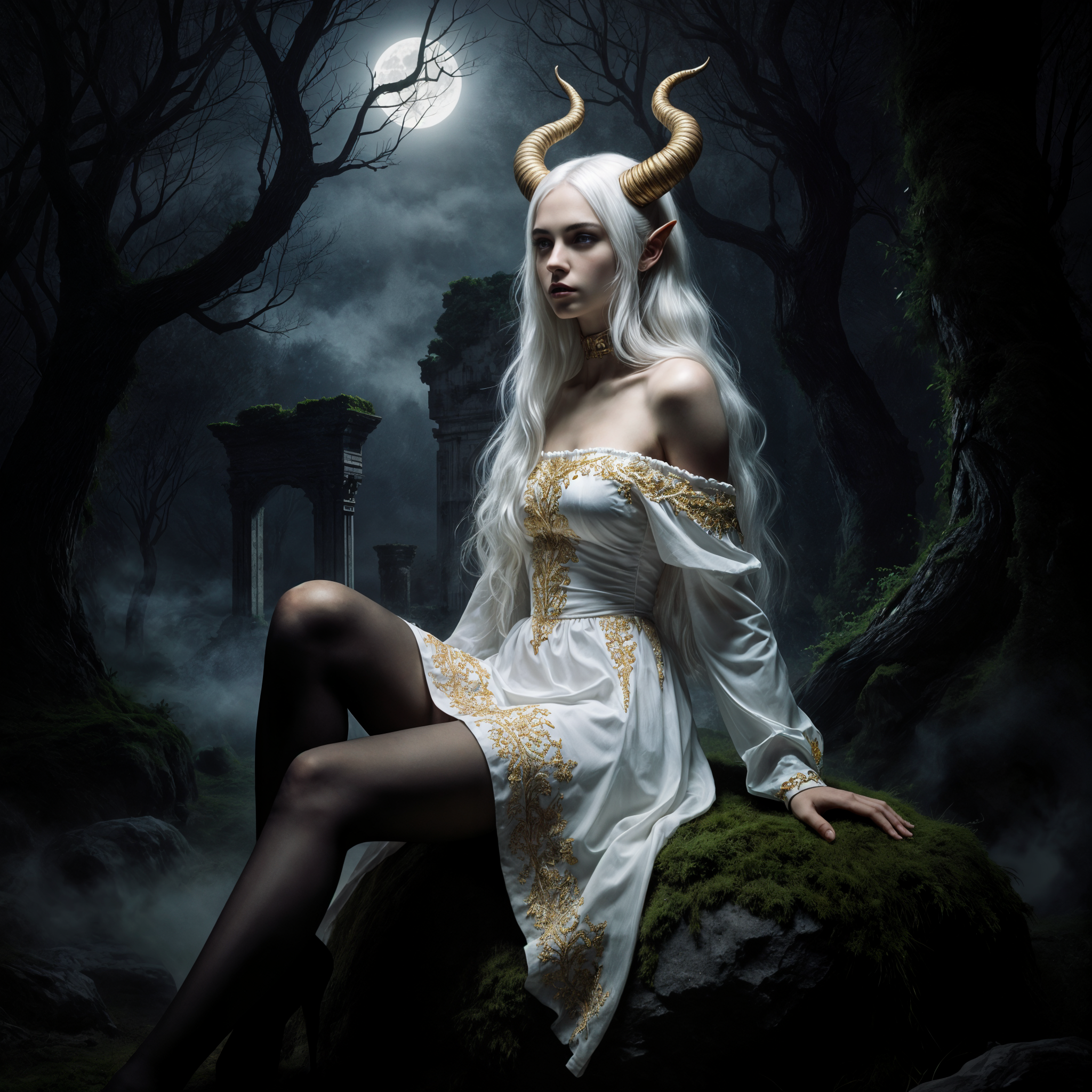 A Dark Fantasy Portrait Of A Young Horned Woman Sitting