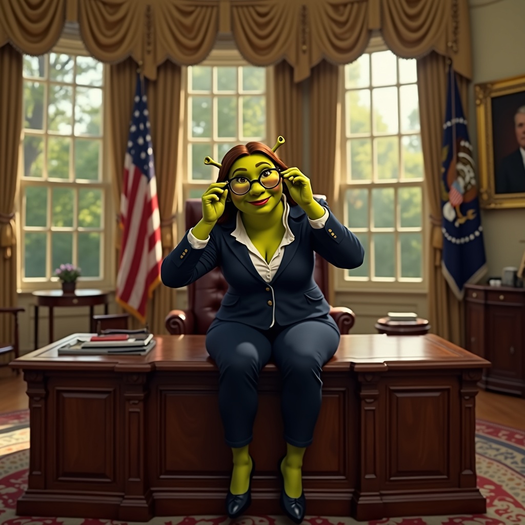 Photorealistic Image Of Shrek As Photorealistic image of Shrek as a female president, wearing a dark blue pantsuit and white blouse, sitting casually on a large ornate wooden desk in the Oval Office. She holds spectacles to her eyes with a mischievous smile. The room is brightly lit by natural light from large windows, revealing lush greenery outside. An American flag and presidential seal are visible. Portraits of past presidents adorn the walls. The atmosphere is humorous and official.