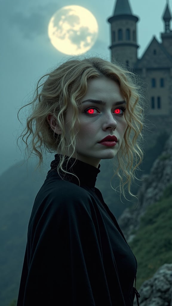 Alluring Woman Vampire Pale Skin Curly Blonde Hair Glowing Red