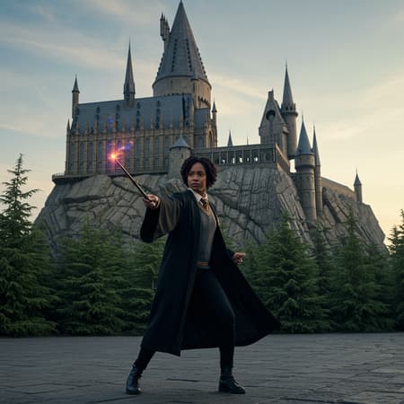 A determined 30-year-old African American woman stands proudly before the iconic Hogwarts School of Witchcraft and Wizardry, practicing her mastery of the Dark Arts. Her stance is resolute, clad in a stylish black and gold Hogwarts robe that exudes elegance. She wields her wand with precision, the tip aglow with magical energy, capturing the grandeur of the magical castle behind her. Her face is intense, a picture of pure focus as she executes a powerful spell, driven by the need to protect her students from an impending threat. The scene, envisioned through the lens of a master director akin to Ryan Coogler, features a wide cinematic shot during the enchanting golden hour, casting a soft, warm light that bathes the castle and her spirited figure. Subtle hues of blue and purple infuse the background, enhancing the mystical atmosphere. Her movements speak of years of dedication and discipline, embodying a fearless embrace of the Dark Arts. Hogwarts looms majestically, its rich wizarding history a silent witness to her unwavering passion and commitment to magic.