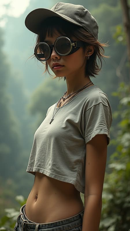 Dreamscape scene featuring a beautiful young individual with a thin, fit physique, and short, tousled hair. They wear baggy pants and a stylish t-shirt, combined with goggles and a cap perched atop their head. A subtle midriff reveals a bellybutton piercing. Striking a fashion-forward pose, the shot is captured with a DSLR, F/2.8 lens, emphasizing lens flare from the 5D camera. Rendered in vivid 16k super-resolution, the imagery is surreal and ethereal, blending dreamy and mysterious elements with fantasy. The highly detailed realism contrasts with concrete, everyday environments, maintaining a uniquely intriguing allure.