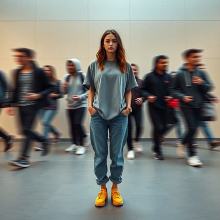Photography capturing the essence of urban hustle from a front view with a female professional model standing still, surrounded by the blurred motion of people walking past her, illustrating movement. The main model wears a grey loose-fit T-shirt, denim jogger pants, and yellow skateboard shoes. Sub models are dressed in loose-fit hoodies, jogger pants, and sneakers. The Sony α9 II camera with a Sony FE 100-400mm f/4.5-5.6 GM OSS lens is used. The setting is an open, minimalistic space with soft, indirect lighting and a neutral color scheme highlighting the motion blur. The main subject is sharply in focus, contrasting with the transient figures, emphasizing stillness amidst chaos. The background is a plain wall with subtle texture, directing focus to the motion effect—artistic modifications maintain the core concept.