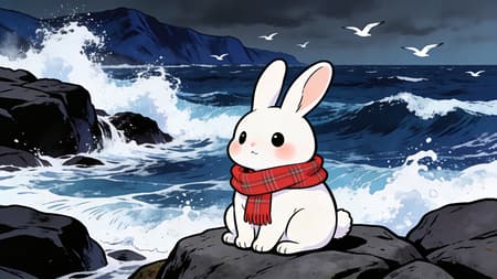 Cute Rabbit In Scarf By Stormy Ocean Anime style, a cute white rabbit with rosy cheeks and black eyes, wearing a red plaid scarf, sitting on dark grey rocks by a stormy ocean. Choppy dark blue waves crash against the rocks, creating white foam. In the background, dark blue mountains are visible under a dark, overcast sky. A few white seagulls fly in the distance. The mood is cozy yet a bit dramatic. Full body shot, vibrant colors, clean lines, black outline.