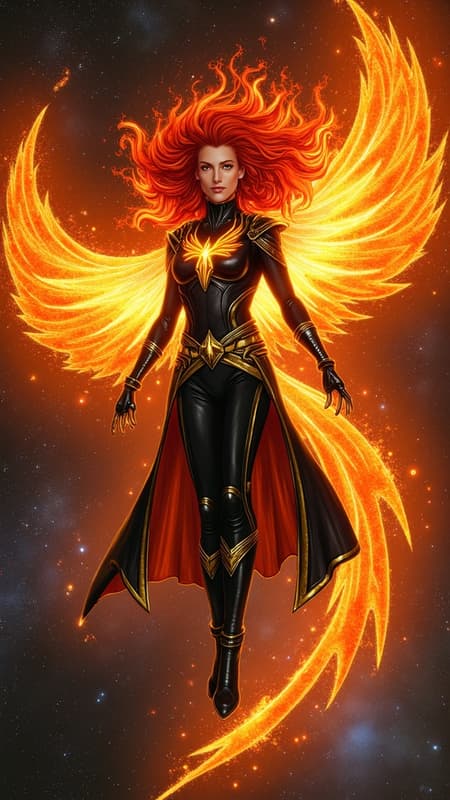Phoenix/Jean Grey in her Phoenix costume, but it's dark black with metallic gold, a golden fiery falcon symbol on the front of her costume,  the sash around her waist blowing in the cosmic winds. She is surrounded by her fiery Phoenix raptor/falcon aura, she is within the firebird . Her eyes are lit up like stars. Her hair is beautiful red flames, flaring out. Full body pose. She is in space, on the edge of a galaxy. 