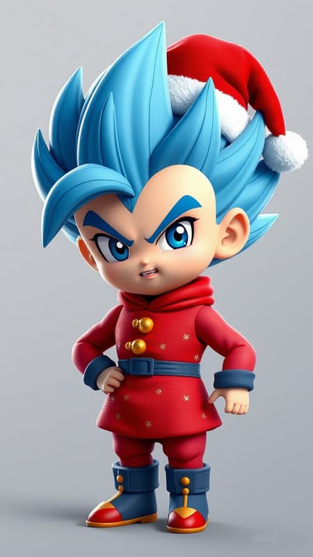 A chibi-style 3D Vegeta wearing a festive Christmas outfit, complete with a bright red holiday dress adorned with sparkling gold accents, a Santa hat slightly tilted on his head, and tiny snowflake patterns scattered across his clothing, exuding a playful yet fierce expression.