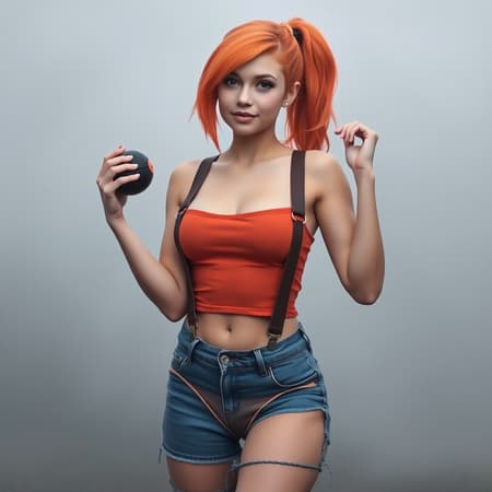 A young woman with bright orange hair resembling Misty from Pokémon stands confidently amidst a foggy backdrop. She holds a pokeball in one hand, exuding a sense of adventure. Her attire includes a snug tank top adorned with suspenders that accentuate her busty figure. The low-waisted jean shorts she wears highlight her curves, paired with a subtle thong peeking through. This playful and adventurous look captures the essence of Misty's spirited personality. A young woman with bright orange hair resembling Misty from Pokémon stands confidently amidst a foggy backdrop. She holds a pokeball in one hand, exuding a sense of adventure. Her attire includes a snug tank top adorned with suspenders that accentuate her busty figure. The low-waisted jean shorts she wears highlight her curves, paired with a subtle thong peeking through. This playful and adventurous look captures the essence of Misty's spirited personality.