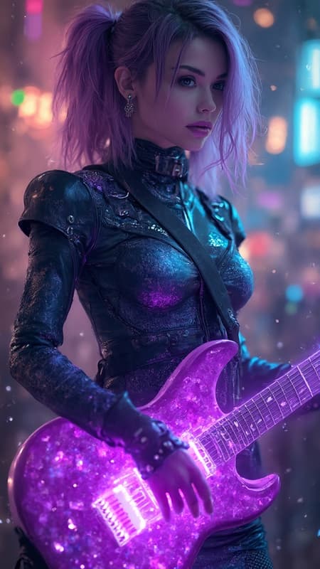 Superheroine, hologram, alien punk rock, new wave rockstar. Sparkling, glittering, caucasian female, tall, strong, beautiful, ethereal, edgy. Medium shoulder-length hair, dark violet with periwinkle and lilac highlights, swept back on one side, spiky  curls falling over one eye. Beautiful model face, high cheekbones, silver/grey eyes, mascara, eyeliner, shimmering eyeshadow. Crystal spear earrings, shimmering violet lipstick. Metallic dark blue long sleeved shirt with zippers, shiny black shoulder pads. Black leather bracers, black studded leather belt with glowing violet circle buckle. Metallic dark blue miniskirt, black fishnet stockings, stiletto knee-high boots. Holding glowing purple synth-guitar, seeing sound waves, full body pose