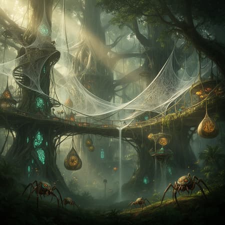 Cinematic sci fi fantasy concept art on a tropical forest planet ruled by intelligent spiders, a vast canopy metropolis suspended between colossal rainforest trees, architecture made of layered silk, resin and plant fiber tension structures, gigantic web cathedrals spanning trunk to trunk with buttress like guy lines, lacework bridges and spiral ramps wrapped around bark, vertical drop lines and braided main cables forming a three dimensional street grid, silk gondolas and cargo pods hanging beneath the walkways, bioluminescent lichen patterns and glow fungus used as signage along strands, dew beads on webs refracting sunlight into tiny prisms, massive fog harvesting webs funneling water into hanging cistern sacs, intelligent spiders moving through the scene with ornate markings and tool harnesses, chitin and obsidian tools, cultivated insect farms in woven chambers, warm humid air with drifting pollen and mist, sunbeams piercing the canopy with volumetric god rays, rich emerald and jade palette with amber highlights and subtle cyan biolum glow, ultra detailed organic textures, atmospheric depth, wide angle 24mm look, awe filled otherworldly mood, high resolution masterpiece.