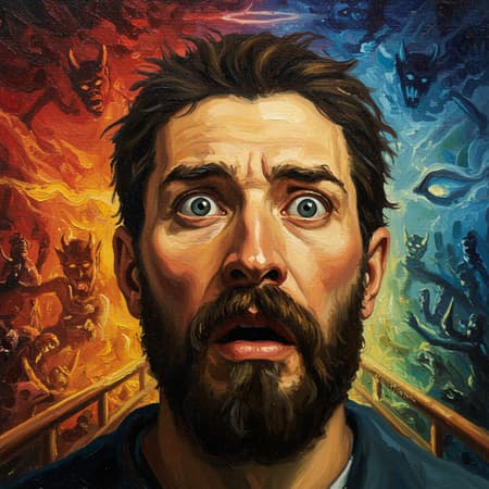 A classic oil painting depicts a man gazing into the chaos of the matrix, his eyes wide with the revelation of the Devil's presence. The scene is infused with vibrant, swirling colors reminiscent of a DMT hallucination, capturing a sense of otherworldly bewilderment. Painted in the alla prima style with the dramatic flair of Diego Velasquez, the image balances detailed realism with fluid, expressive brushstrokes, creating a haunting and dynamic composition.