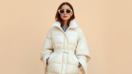 The woman in the photo stands against a neutral beige background, exuding the essence of a Tumblr icon. She wears a reflective puffer jacket paired with an elegant poncho, both in a chic off-white palette. This outfit likely nods to a popular internet meme or trend, gaining traction on the contemporary design and architecture platform Dezeen. The image resembles a catalog shot, featuring the upcoming fashion trends of 2024. Her ensemble is accented by a sleek mac, a stylish pair of 8.0 LV sunglasses, and an intricately folded creation by Mike and Wojtek Fus. This look captures the avant-garde spirit of the year, destined to captivate and inspire.