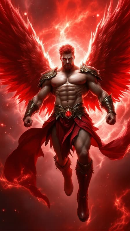 Anteres, Angel of the Red Star (red supergiant star). Celestial, powerful, warrior Angel, universal power. Tall, muscular, bodybuilder's build, big massive muscles. Caucasian male, strong brow and jaw, squared jaw, handsome masculine rugged face, sculpted cheeks. Glowing red eyes with a piercing stare. Short spiky flaming red hair fade hairstyle short on sides and back, longer on top. Short, sculpted well trimmed red Beard close to face. Bare chest, rippling muscles. Metallic red pauldrons on shoulders, metallic red bracers on arms, metallic red gladiator kilt barely covering legs. Metallic gold belt with Ruby gem center. Metallic red boots, knee-high length. Huge red feathery Angel wings ranging from scarlet to crimson, the brighter feathers on the insides and center of wings. He has a bright red aura and emits red energy, just like the star he is connected to. Full body pose, flying through space around the red supergiant star, Anteres. 