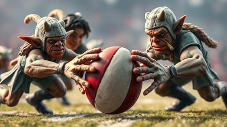 A dynamic realistic photograph on a fantastical football field featuring elves and orcs, captured in stunning detail with a 1000mm f/1.2 lens highlighting intricate skin textures. This full-body shot showcases the intensity of a rugby-like sport, as characters battle for a glossy, oddly textured ball. Despite their vibrant setting, the scene mimics the feel of animated figurines in a tabletop game, their exaggerated expressions and slightly off-kilter proportions lending a fantastical, dreamlike quality. Hands grasping the ball appear fused and awkward, adding to the quirky charm. The backdrop, though colorful, has a soft, pastel touch with low contrast, creating an ethereal, slightly blurred atmosphere. The attire includes whimsical jelly bag hats, blending fantasy with a hint of nostalgia. A dynamic realistic photograph on a fantastical football field featuring elves and orcs, captured in stunning detail with a 1000mm f/1.2 lens highlighting intricate skin textures. This full-body shot showcases the intensity of a rugby-like sport, as characters battle for a glossy, oddly textured ball. Despite their vibrant setting, the scene mimics the feel of animated figurines in a tabletop game, their exaggerated expressions and slightly off-kilter proportions lending a fantastical, dreamlike quality. Hands grasping the ball appear fused and awkward, adding to the quirky charm. The backdrop, though colorful, has a soft, pastel touch with low contrast, creating an ethereal, slightly blurred atmosphere. The attire includes whimsical jelly bag hats, blending fantasy with a hint of nostalgia.