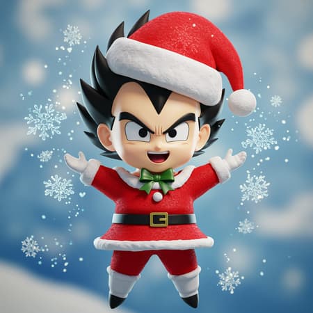 Chibi Vegeta in a festive Christmas dress, wearing a Santa hat, with a cheerful expression and surrounded by floating snowflakes in a playful 3D art style.