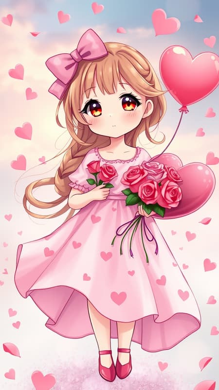 A charming embodiment of Valentine's Day as a cute girl, adorned in a flowing, pink dress with heart patterns, her hair cascading like silk ribbons. She holds a bouquet of roses in one hand and a heart-shaped balloon in the other. Her eyes sparkle with warmth and playfulness, framed by long lashes, and her cheeks are a soft rose hue. Around her, shimmering heart symbols float gently, and she stands in a dreamy setting, where delicate petals fall from the sky and a gentle blush of evening light enhances the romantic atmosphere.