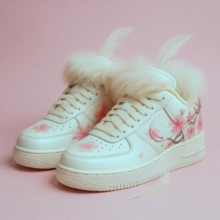 A pair of Nike sneakers adorned with delicate feathers and a luxurious boa, capturing the essence of pure tones and cherry blossom motifs, set against a soft pink background in a professional photo.