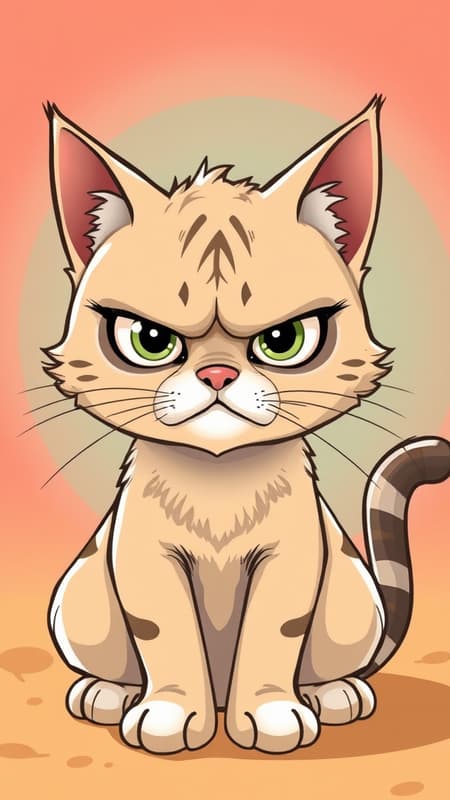 An adorable yet grumpy cartoon cat sitting with its ears slightly back, fur fluffed out in irritation, glaring straight ahead with exaggerated, expressive eyes that capture a blend of cuteness and comical anger, set against a bright, playful background that enhances its whimsical charm.