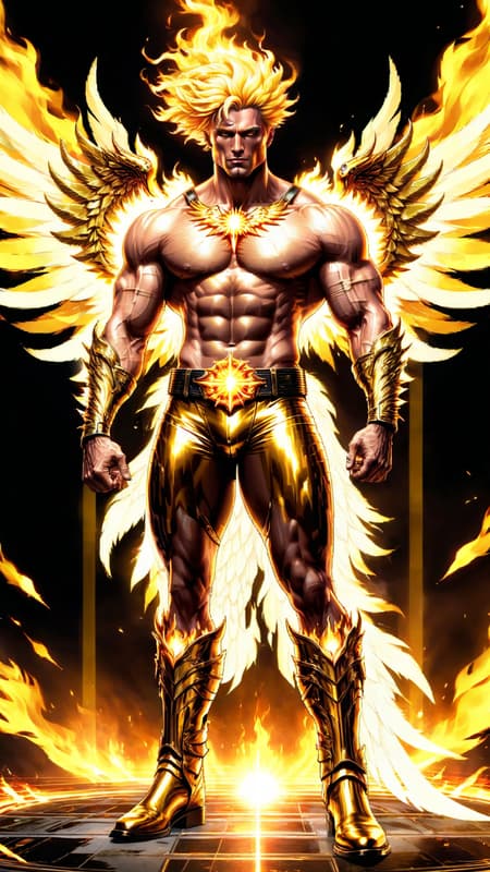 Sun Angel, cosmic being. An aura of yellow flames, shines like the sun, flying through space. Hypermasculine male. Tall, muscular, fit, sinewy, broad chest, wide back, narrow waist, strong legs, powerful arms, bodybuilder shape. Flaming yellow-gold skin, eyes that shine like gold stars. Strong brow and jaw, handsome. Very short flaming blonde hair, cut close on sides and back, spiky flames on top of head. Angel wings of yellow fire and flames. Metallic gold shoulder pads with glowing yellow glyphs; a belt with the same type of glyphs and a yellow topaz jewel in the center around his waist. Metallic gold bracers on his arms. Naked, aside from his jockstrap. Metallic gold jockstrap sheathing a large phallus. Knee-high metallic gold boots with glowing yellow glyphs. He flies around the sun. Full body pose. 