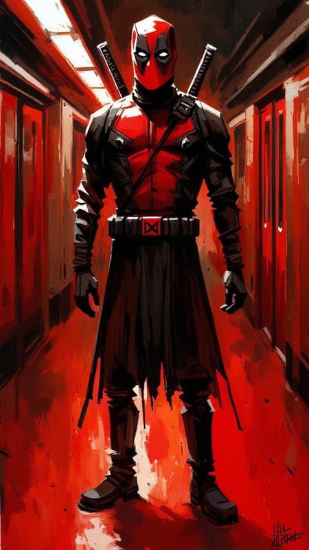 oil painting portrait rendered in a loose, impressionistic style with thick, expressive brush strokes. The scene is set in a dimly lit subway station, depicted in a dramatic, high-contrast color scheme with a strong red and black palette. The focal point is on DeadPool the marvel character, known for his vigilante persona. oil painting portrait rendered in a loose, impressionistic style with thick, expressive brush strokes. The scene is set in a dimly lit subway station, depicted in a dramatic, high-contrast color scheme with a strong red and black palette. The focal point is on DeadPool the marvel character, known for his vigilante persona.