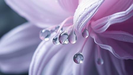 Surrealist depiction of shimmering water droplets delicately clinging to the stem of an abstract flower, embodying Picasso's unique style. The droplets appear as if melting, merging into one another, forming intertwining patterns. The composition is enriched with soft hues of light silver and gentle lavender, featuring intricate layers that draw the eye into a dreamlike depth.