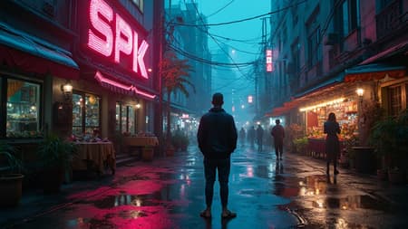 A man stands amidst a futuristic cityscape where SPK cyberpunk-style characters illuminate the night. Neon letters glow vibrantly above a bustling street market, reflected in puddles on the rain-slicked pavement. Nearby, a sleek, metallic house with angular designs merges technology and nature, giving way to a network of digital pathways that connect the vibrant urban throng.