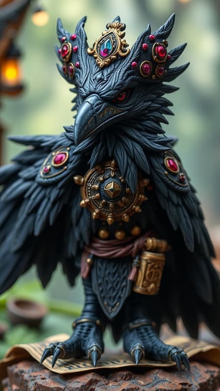 Kenku raven, intricate miniature, tabletop RPG, elaborate detail, crisp clarity, aspect ratio 3:4, fantasy setting, vibrant colors, mischievous expression, medieval attire, enchanted forest backdrop, mysterious artifacts and scrolls, subtle magical aura.