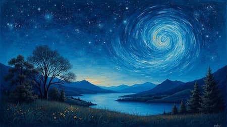 A melancholic landscape painting with swirling stars in a Van Gogh Starry Night style, featuring soft brush strokes that evoke a dreamy and whimsical atmosphere, capturing the essence of sadness intertwined with celestial beauty against a tranquil night sky.