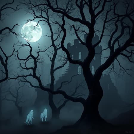 A chilling scene of a foggy, moonlit forest with twisted, gnarled trees casting eerie shadows, their branches reaching out like spectral fingers. Ghostly apparitions drift through the mist, their faintly glowing forms weaving between the trunks, as a haunting full moon illuminates the night sky. In the background, the silhouette of an ancient, crumbling castle looms ominously, its windows flickering with an unsettling light. The atmosphere is tense with an air of mystery and foreboding, accentuated by the distant howl of a lone wolf echoing through the darkness.