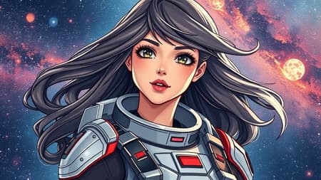 A stunning character portrait of a woman in a sleek space suit featuring retro-futuristic armor, her hair flowing like the Milky Way. The artwork displays high detail and hyperrealism, capturing a fantastic snapshot of dynamic lighting in space. The scene blends elements of 3D design, cartoon, and anime styles, with hints of sketch art enhanced by an interstellar backdrop.
