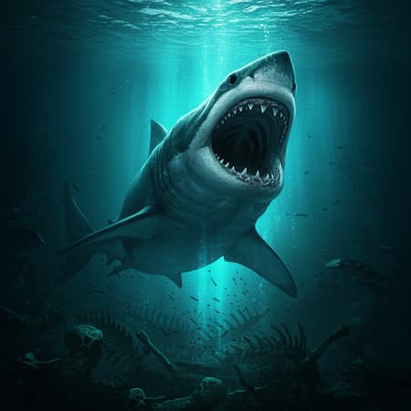 From the shadowy abyss of the primordial ocean, a colossal Megalodon shark surges upward, its cavernous maw agape, revealing serried, razor-like teeth honed through aeons. An ethereal blue-green luminescence trickles down from the surface, slicing through the gloom and throwing stark, jagged shadows across the leviathan's rugged, battle-worn hide. The water is thick, swirling with ghostly remnants of the distant past, including ancient bones and detritus, enveloping the scene in an air of antiquity and mystery. It's an encounter heavy with a tense stillness, the chilling resurrection of a fearsome giant once believed forever lost to history's depths.