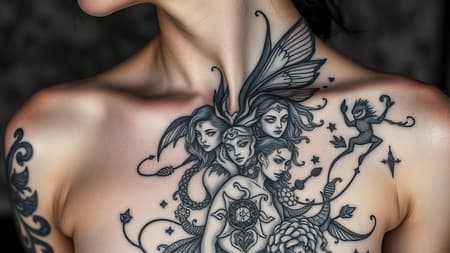 Tattoo Skin, Fantasy Art a black and white tattoo on a woman's skin, showcasing detailed fantasy art with an air of pensive stillness, reminiscent of a lithograph. the design is multilayered, intricate, and appears to be woven from delicate wire, featuring bold and striking character designs that suggest a metafictional narrative. the composition evokes a sense of mystery and depth within its 51:64 aspect ratio, blending mythical elements with a subtle, intriguing complexity.