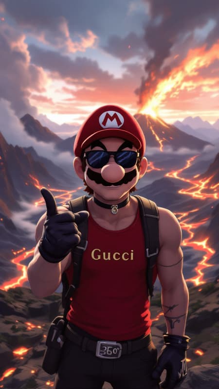 Art Style: Digital painting, detailed pixel art.
Character: Mario (Nintendo).
Outfit: Red tank top with small black text "Gucci" in the middle, black shorts.
Accessories: Black sunglasses, black gloves, black belt, black choker, black backpack.
Pose: Amateur selfie pov, v sign, smile. Small black (Snapchat) caption bar in the middle: "Stay Based." and "360" on the top right.
Angle: Upper body, dutch angle, dynamic.
Background: Active volcano, rugged mountains, flowing lava, sunset, clouds.