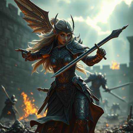 Vast_scale warriors female elf stunningly_beautiful epic_battle dynamic_pose slow_motion powerful_rage goddess intricate_armor weaponry forgotten_battlefield blazing_fire wall_background occlusion epic_wide_shot aerial_perspective dark_fantasy CGI depth_focus crepuscular_rays sunbeams photorealistic highly_detailed complex maximalist hyperrealistic reminiscent_of_Dragon_Age_style