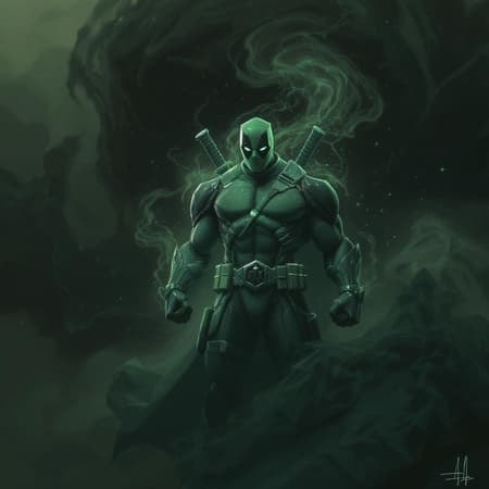Wizard Deadpool infused with psychic energy, enveloped in a dark mist, depicted in a style reminiscent of Craig McCracken, featuring glimmering polygonal textures, hyper-realistic details, and a monochrome palette of rich greens. Wizard Deadpool infused with psychic energy, enveloped in a dark mist, depicted in a style reminiscent of Craig McCracken, featuring glimmering polygonal textures, hyper-realistic details, and a monochrome palette of rich greens.