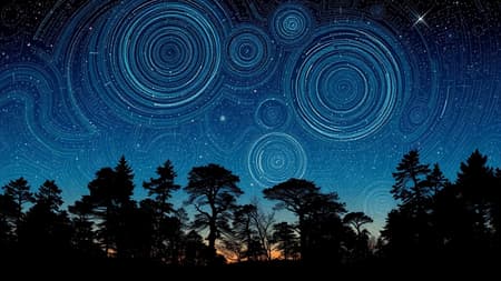 An intricate psychedelic landscape featuring an evening sky filled with twinkling stars above a silhouette of trees, inspired by Martin Ansin and Emily Carr. The scene is a mesmerizing blend of swirling vortexes and multilayered dimensions, showcasing a naturalistic color palette that enhances the depth and wonder of the skyscape. The ethereal quality of the scene evokes a psychedelic overload, with the stars forming patterns that weave through the branches, creating a harmonious dance of nature and cosmos.