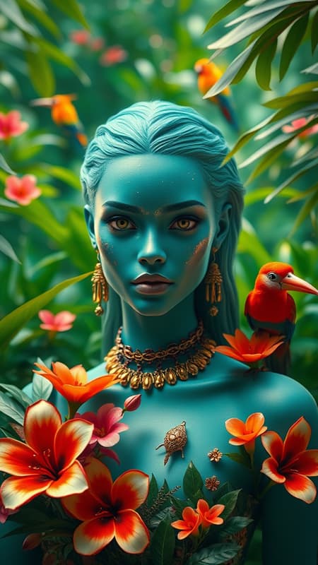 Fashion photography portrait of a turquoise human avatar in a verdant turquoise jungle adorned with exotic flowers and vibrant birds, 3D render, CGI, symmetrical composition, rendered with high realism, captured with a 35mm lens, featuring a dreamy bokeh effect, aspect ratio 9:16, subtle golden highlights on foliage for added contrast.