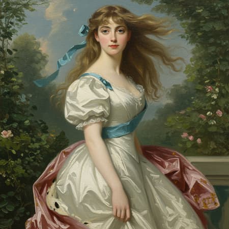 A full-body oil painting portrait of Queen Aprilia, her long hair caught in a gentle breeze, adorned with a blue ribbon delicately draped over her shoulder. She wears an elegant white gown with puffy sleeves and a flowing sash, reminiscent of the grand style of Jean-Léon Gérôme. The portrait exhibits the refined technique and expressive detail typical of John Singer Sargent’s works, capturing the regal and serene essence of the queen. Subtle, creative modifications include a hint of a serene garden in the background, adding an air of tranquility, and a touch of soft light highlighting the texture of her dress, enhancing the overall vividness of the scene.