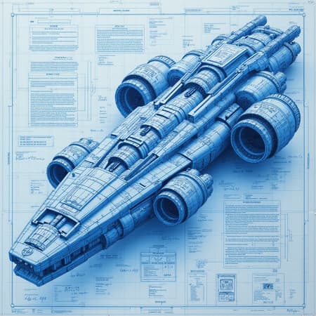 Blueprint Futuristic Blueprint of an expansive futuristic sci-fi spacecraft featuring intricate warp engines, densely covered in mathematical formulas and annotations, showcasing schematic breakdowns by parts. The design subtly incorporates the golden ratio, blending realistic detail with intentionally fabricated elements. The visual style resonates with trending Pixiv Fanbox aesthetics, utilizing an acrylic palette knife technique for textural depth. Influences of Makoto Shinkai's atmospheric art, Studio Ghibli's whimsical charm, and the fantastical essence of Genshin Impact are woven throughout the image. This visionary concept is enriched by the distinctive styles of James Gilleard's geometric designs, Greg Rutkowski's dynamic compositions, and Chiho Aoshima's ethereal narrative landscapes, creating a captivating and otherworldly interpretation of space exploration.