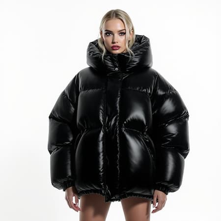 Brightly illuminated fashion portrait featuring an exceptionally stunning woman in an oversized puffer jacket inspired by Karl Lagerfeld and Balenciaga, showcasing sharp focus, vivid details, and a cinematic feel. The shoot is set against a pristine white backdrop with softbox lighting, exuding glamour and symmetry typical of a Vogue editorial. The composition is reminiscent of a high-fashion magazine spread, with a glossy, ultra-detailed finish captured using a Sony Alpha α7 camera.