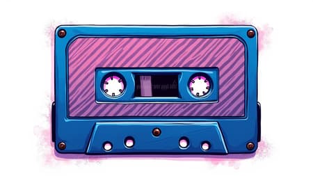 Generated Retro Cassette A vibrant retro cassette tape with a carbon fiber texture, painted in a dynamic blue and purple color scheme reminiscent of Roy Lichtenstein's art style, set against a crisp white background.